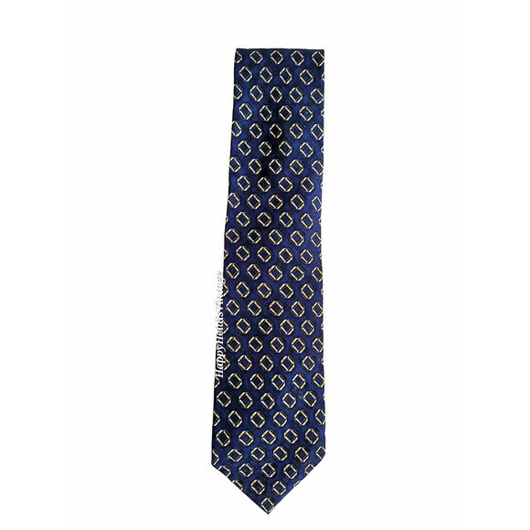 JZ Richards Navy Yellow Conservative Repeating Pattern Silk Tie - Picture 1 of 8